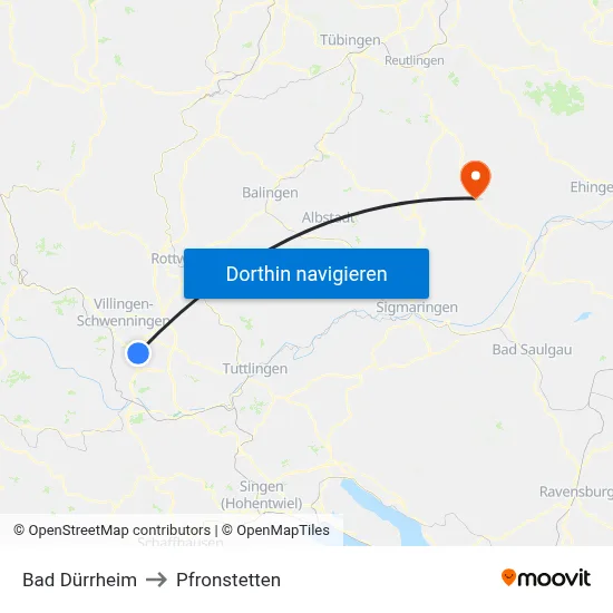 Bad Dürrheim to Pfronstetten map