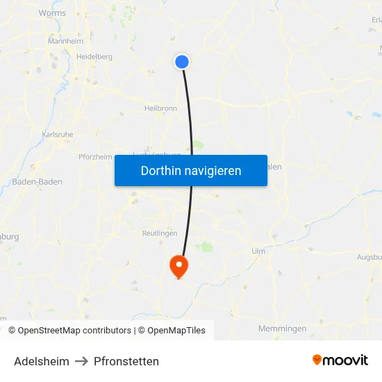 Adelsheim to Pfronstetten map