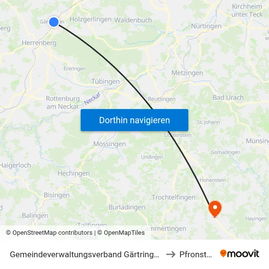 Gemeindeverwaltungsverband Gärtringen/Ehningen to Pfronstetten map