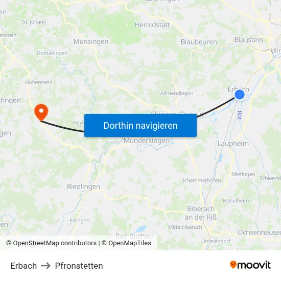 Erbach to Pfronstetten map