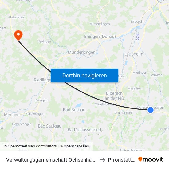 Verwaltungsgemeinschaft Ochsenhausen to Pfronstetten map