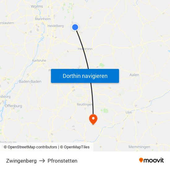 Zwingenberg to Pfronstetten map
