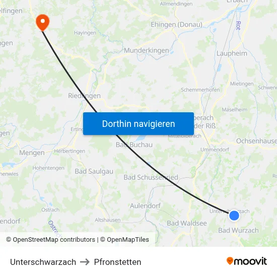 Unterschwarzach to Pfronstetten map