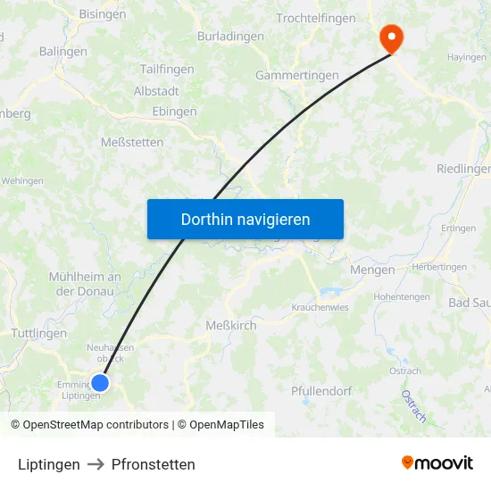 Liptingen to Pfronstetten map