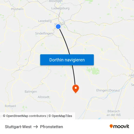 Stuttgart-West to Pfronstetten map