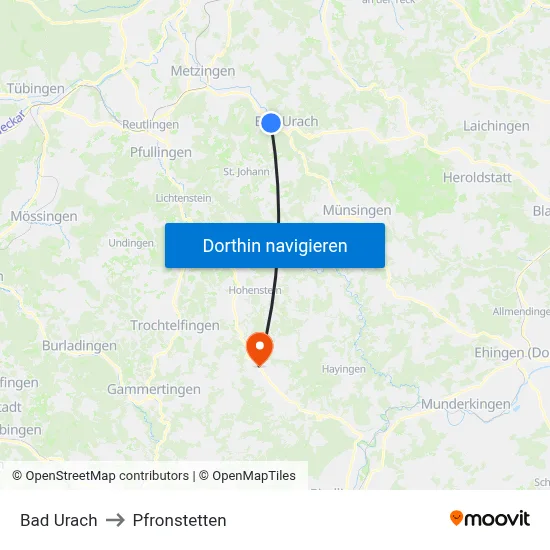 Bad Urach to Pfronstetten map
