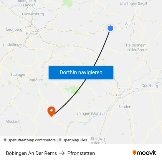 Böbingen An Der Rems to Pfronstetten map