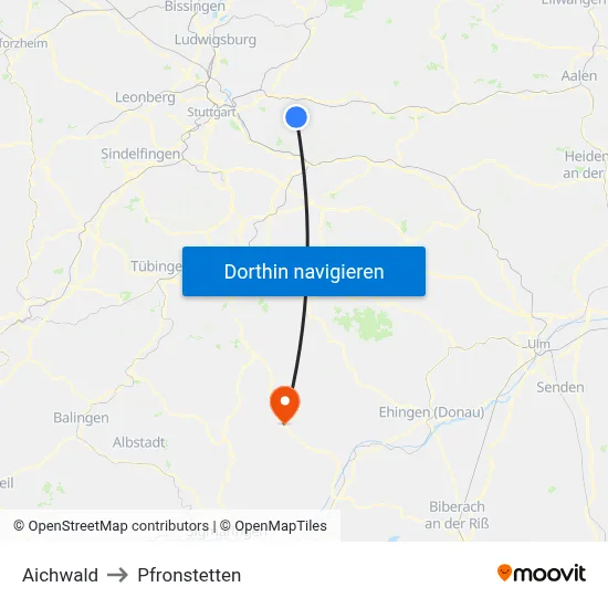 Aichwald to Pfronstetten map