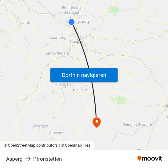 Asperg to Pfronstetten map