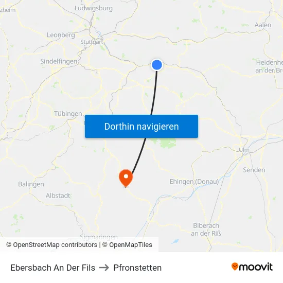 Ebersbach An Der Fils to Pfronstetten map