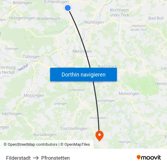 Filderstadt to Pfronstetten map