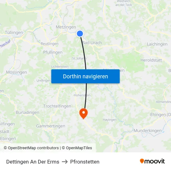 Dettingen An Der Erms to Pfronstetten map