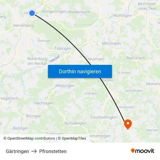 Gärtringen to Pfronstetten map