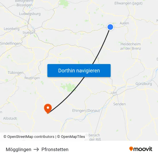 Mögglingen to Pfronstetten map