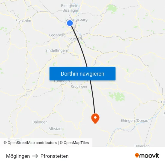 Möglingen to Pfronstetten map