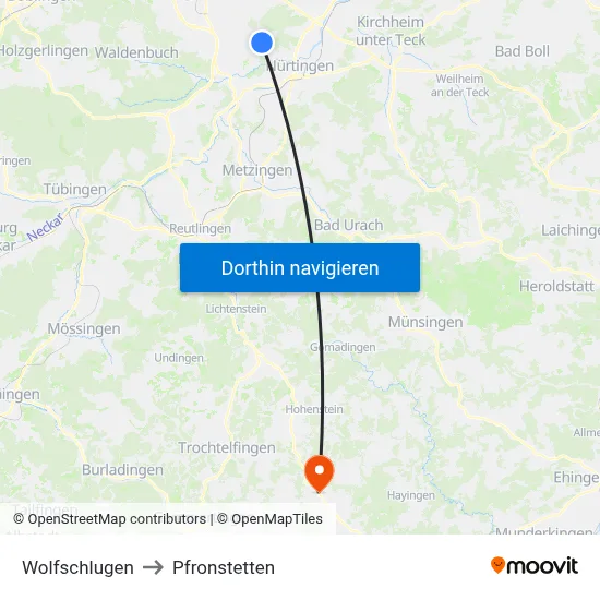 Wolfschlugen to Pfronstetten map