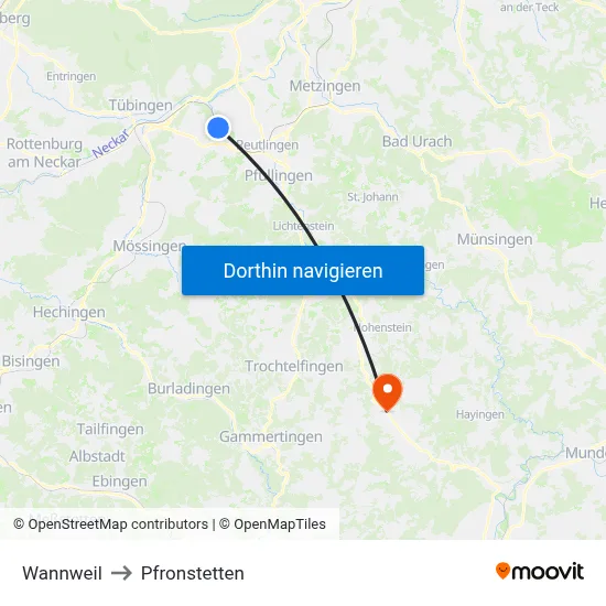Wannweil to Pfronstetten map