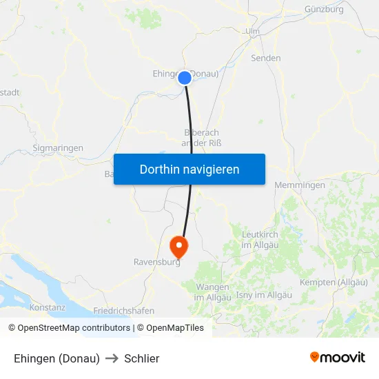 Ehingen (Donau) to Schlier map