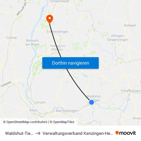 Waldshut-Tiengen to Verwaltungsverband Kenzingen-Herbolzheim map