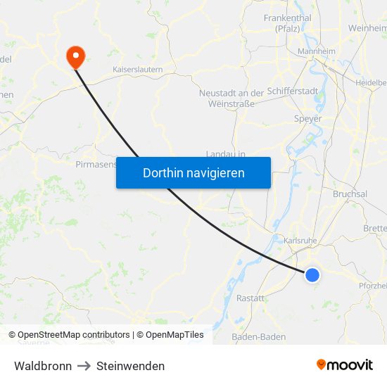 Waldbronn to Steinwenden map