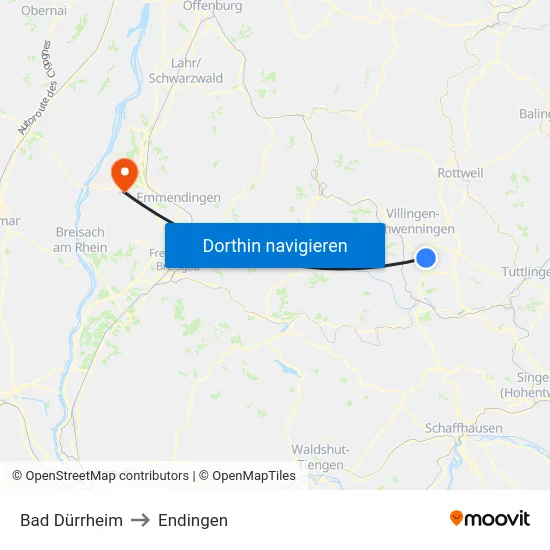 Bad Dürrheim to Endingen map