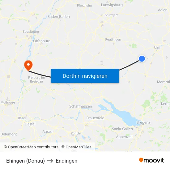 Ehingen (Donau) to Endingen map
