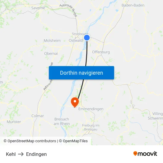 Kehl to Endingen map