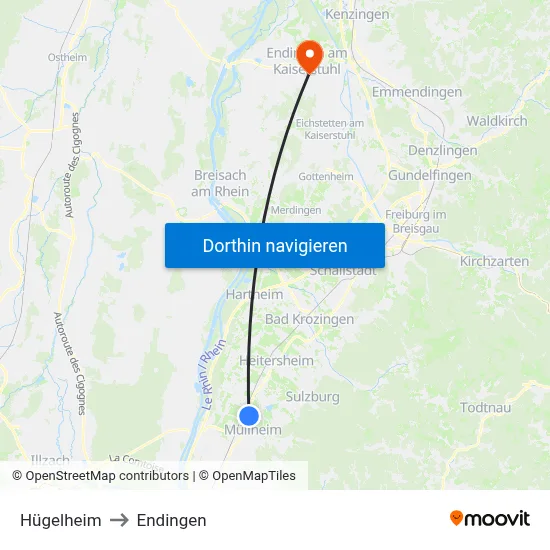 Hügelheim to Endingen map