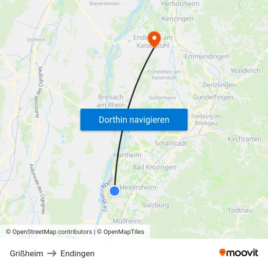 Grißheim to Endingen map