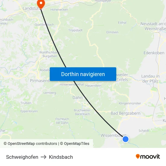Schweighofen to Kindsbach map