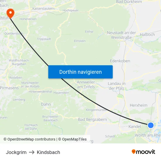 Jockgrim to Kindsbach map