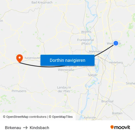 Birkenau to Kindsbach map