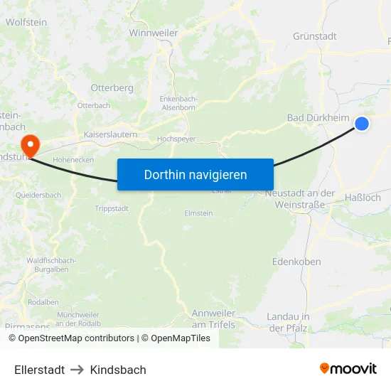 Ellerstadt to Kindsbach map