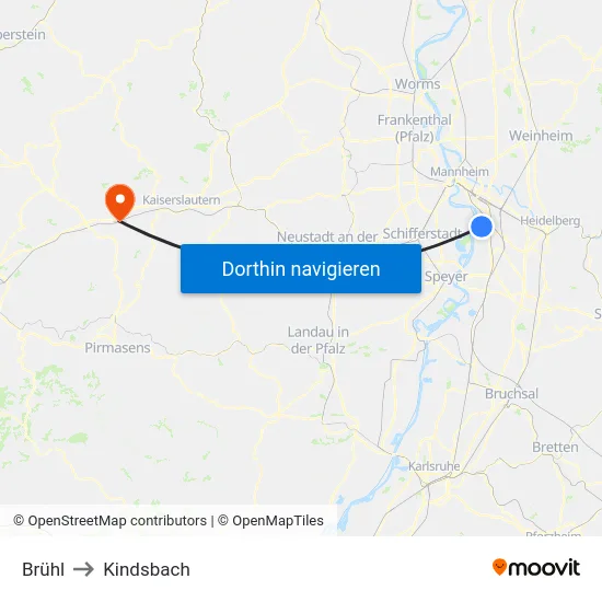 Brühl to Kindsbach map