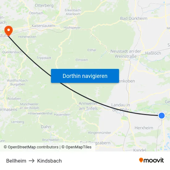 Bellheim to Kindsbach map