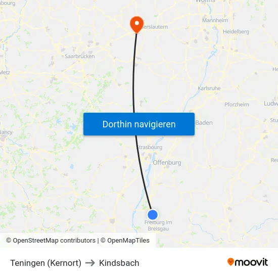 Teningen (Kernort) to Kindsbach map
