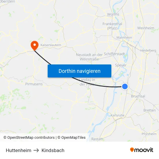Huttenheim to Kindsbach map