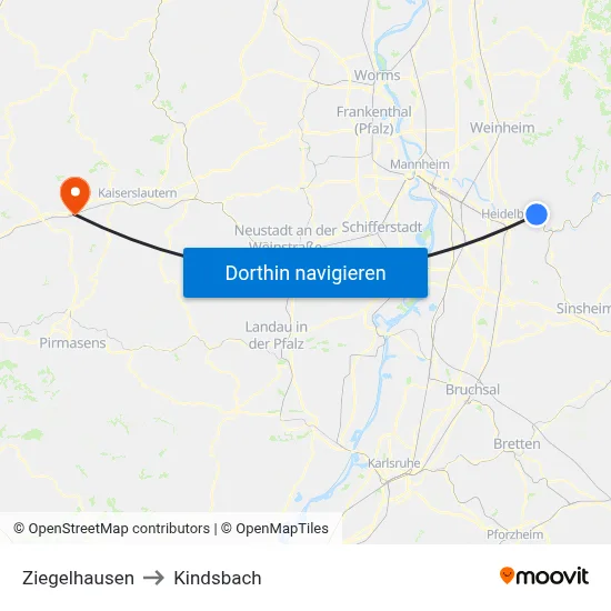 Ziegelhausen to Kindsbach map