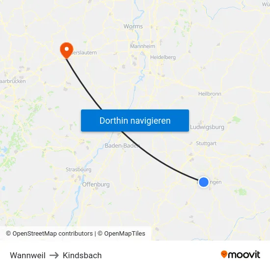 Wannweil to Kindsbach map