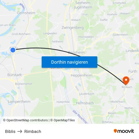 Biblis to Rimbach map