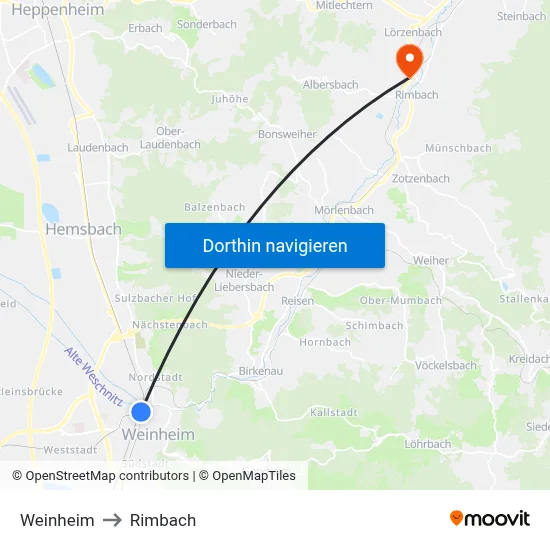 Weinheim to Rimbach map