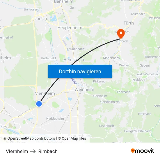 Viernheim to Rimbach map