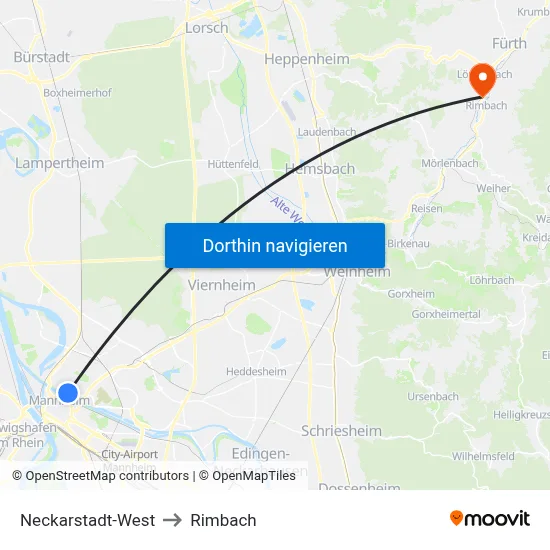 Neckarstadt-West to Rimbach map