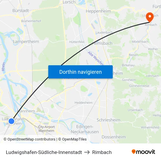 Ludwigshafen-Südliche-Innenstadt to Rimbach map