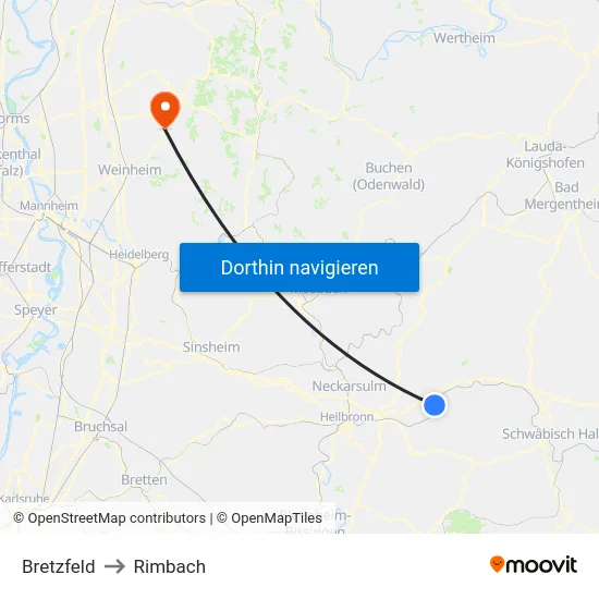 Bretzfeld to Rimbach map