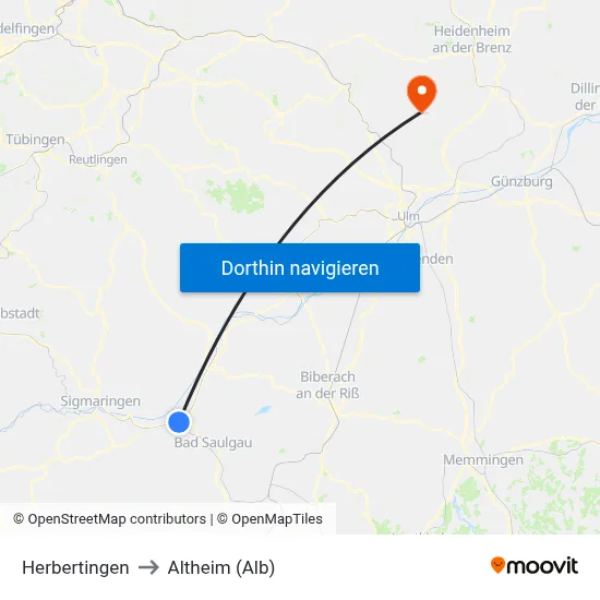 Herbertingen to Altheim (Alb) map