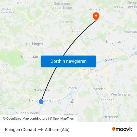 Ehingen (Donau) to Altheim (Alb) map