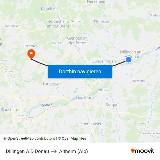 Dillingen A.D.Donau to Altheim (Alb) map