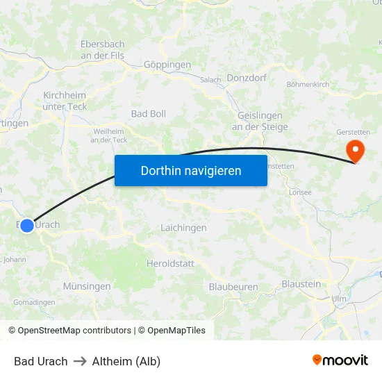 Bad Urach to Altheim (Alb) map
