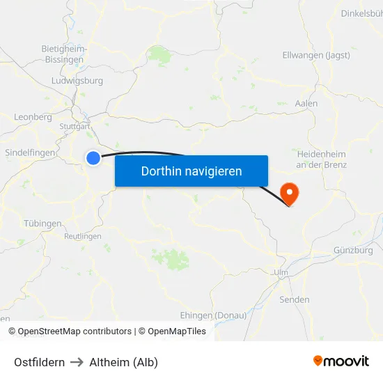 Ostfildern to Altheim (Alb) map